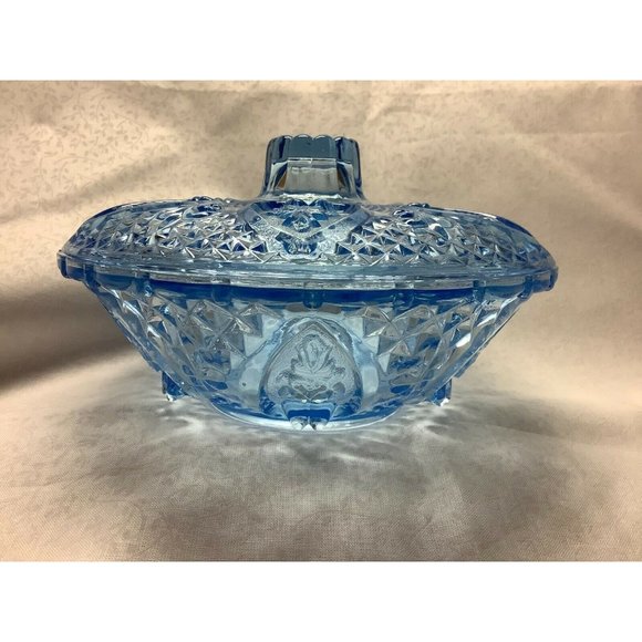 Indiana Glass Aqua Lidded Candy Dish, Heart and Flowers Pattern - Picture 3 of 11